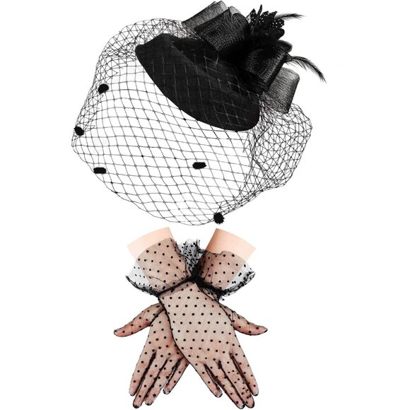 Fascinator Hat for Women Lace Gloves Black Veil for Tea Party Wedding Party - Picture 1 of 6